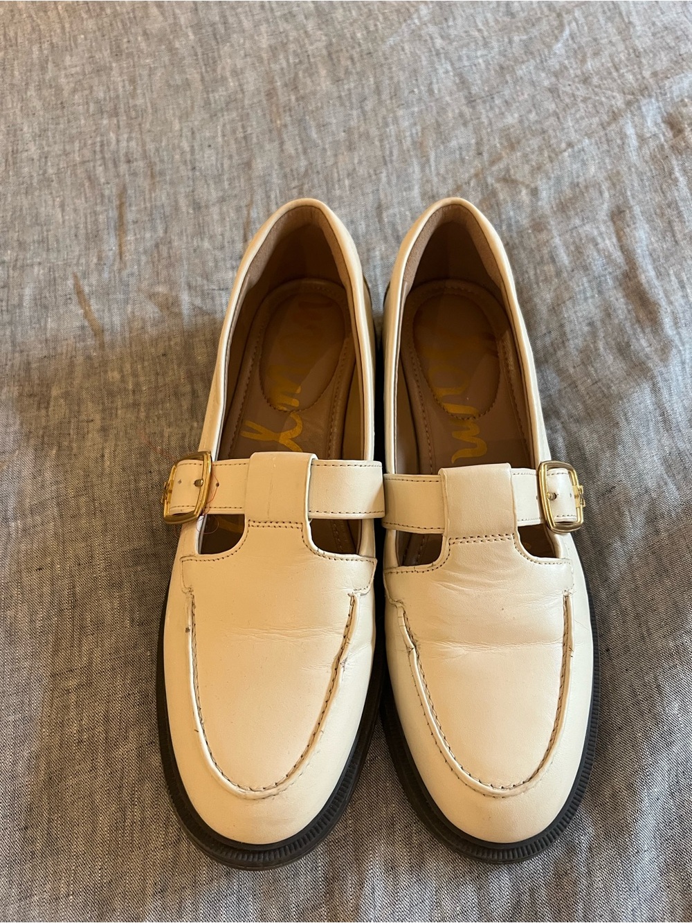 Sam Edelman Cream Leather Mary Jane Loafers Gold Buckle - Women’s 7.5